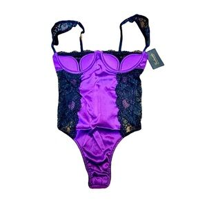 NWT Frederick’s of Hollywood Ilana Purple & Black Satin & Lace Teddy, Size Small